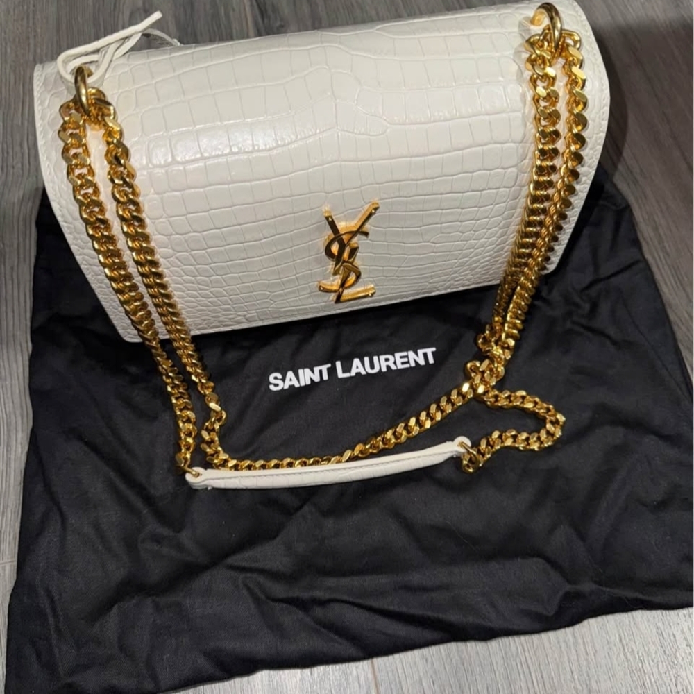 Saint Laurent White Croc-Embossed Bag with Gold Chains